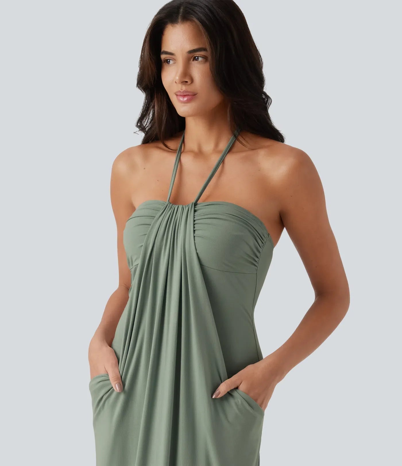 Trovehand Hourglass Bodycon Halter Tie Maxi Dress with Pockets