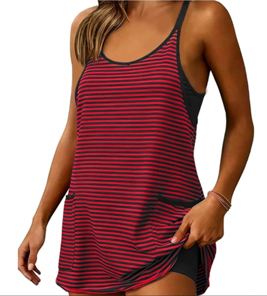 Women's Summer Sleeveles Striped Mini Dress with Built-in Shorts V Neck