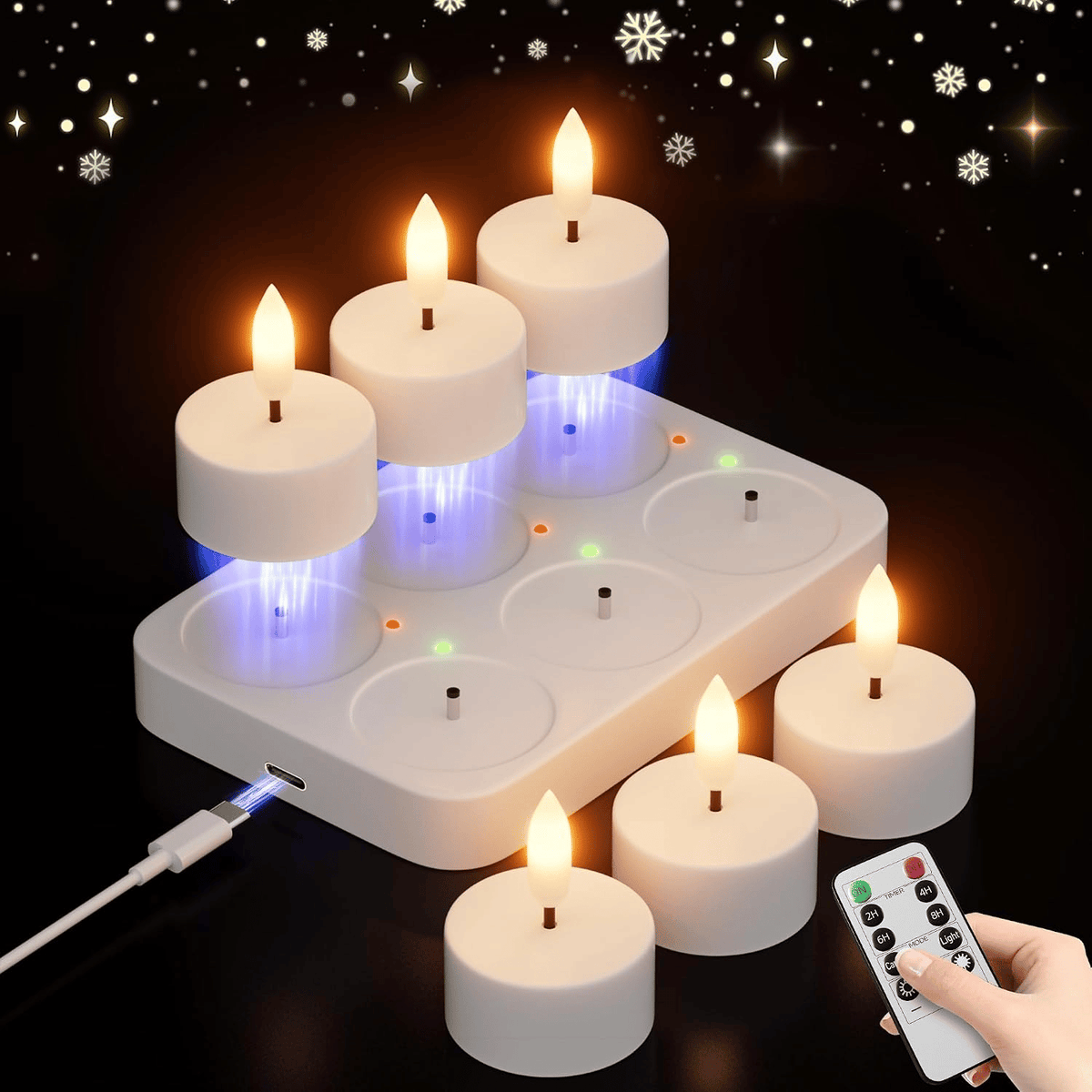 Rechargeable Flameless LED Tea Lights, Charging Station & Remote Included, Flickering Fake Candles, Safe No Flame Candle for Home, Wedding, Festival & Emergency Lighting
