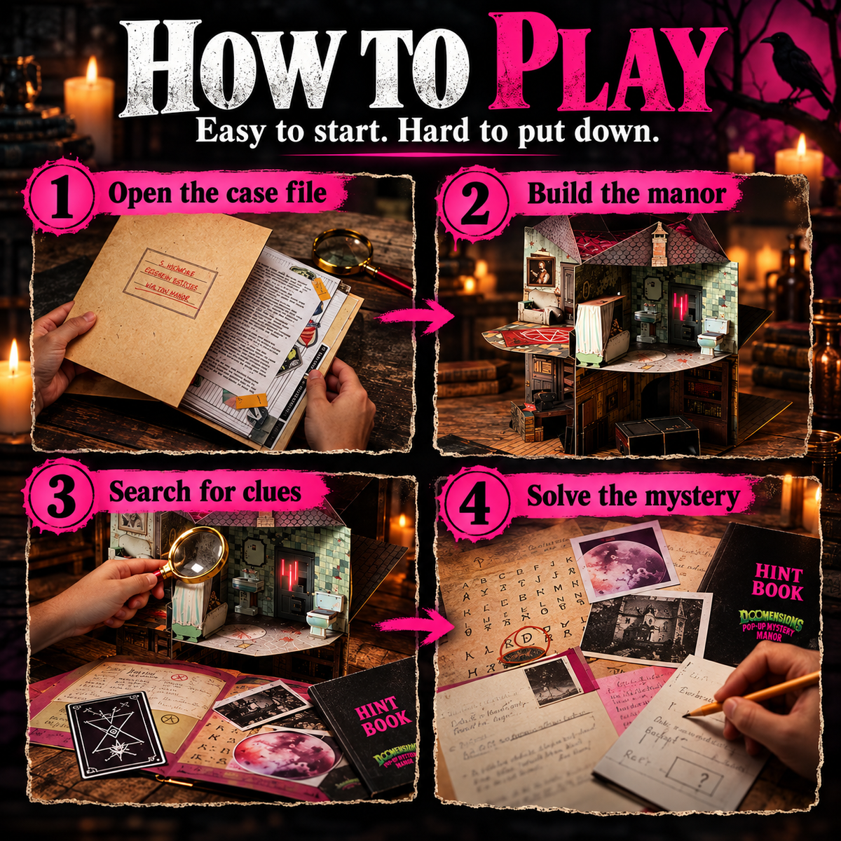 Four steps: open the case, set up the manor, find clues and solve the mystery