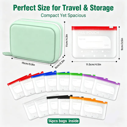💊A8 Waterproof 14-Pouch Weekly Pill Organizer, Color-Coded Travel Storage for Vitamins & Supplements