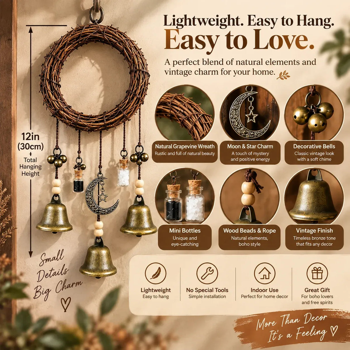 Boho Moon & Bell Hanging Decor – Rustic Bronze Wall & Door Charm