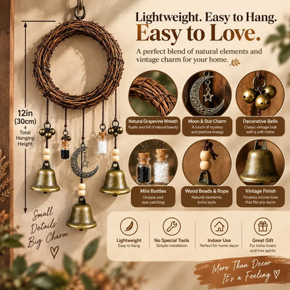 Boho Moon & Bell Hanging Decor – Rustic Bronze Wall & Door Charm