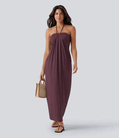 Trovehand Hourglass Bodycon Halter Tie Maxi Dress with Pockets