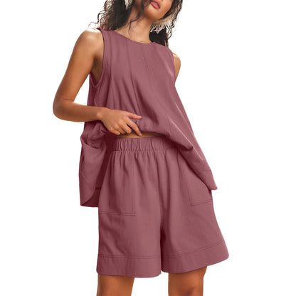Women's 2 Piece Outfits Sleeveless Matching Sets A Line Tank Tops Contrast Stitching High Waist Shorts with Pockets, 2 Piece Sets, Women 2 Piece Sets,summerwins