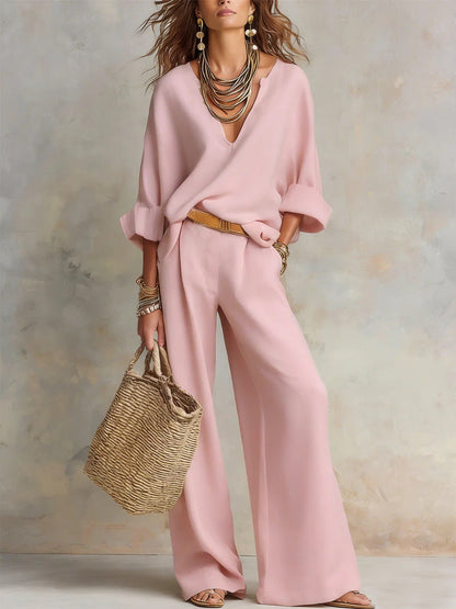 📦📦LAST DAY SAVE 49% ⏰Women's Casual Linen Vacation Set – Three-Quarter Sleeve Top & Full-Length Pants