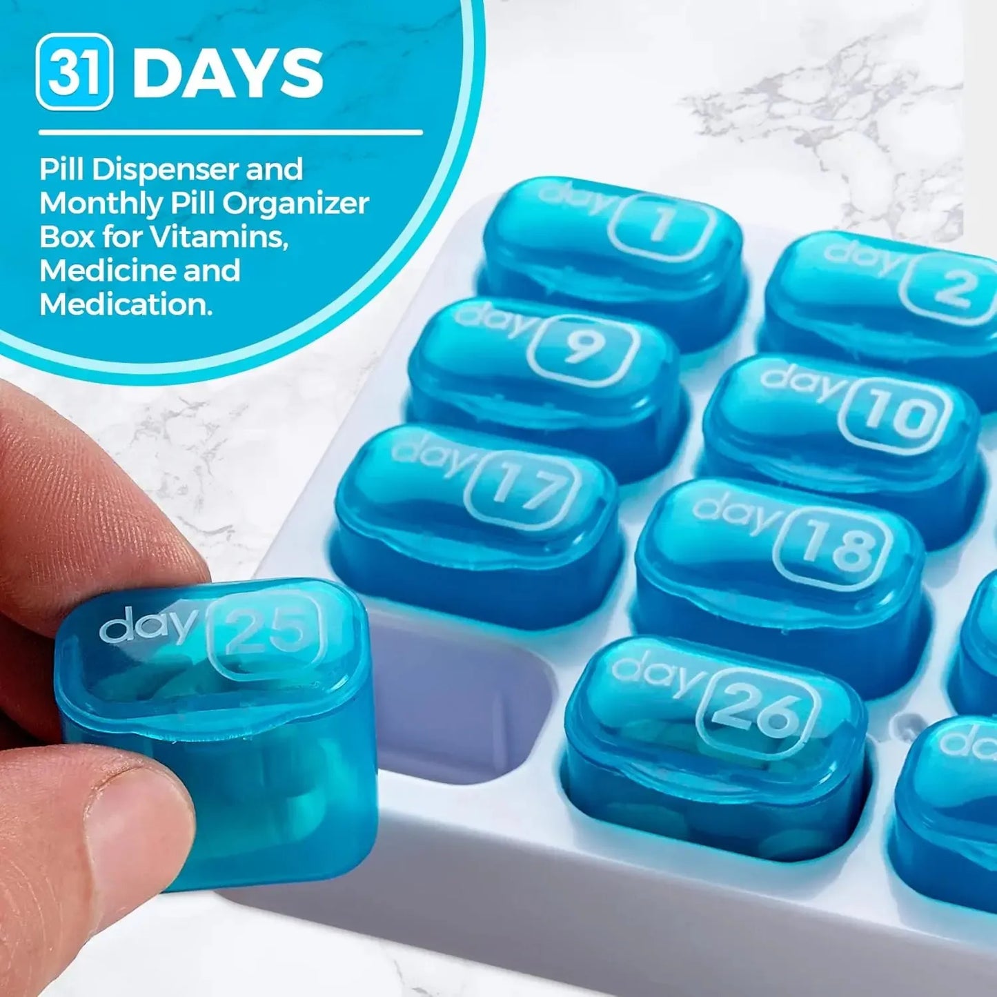 🔥✨31-Day Monthly Pill Box: Easy-Open Lids, Removable Pods, Date Reminder, Travel Case