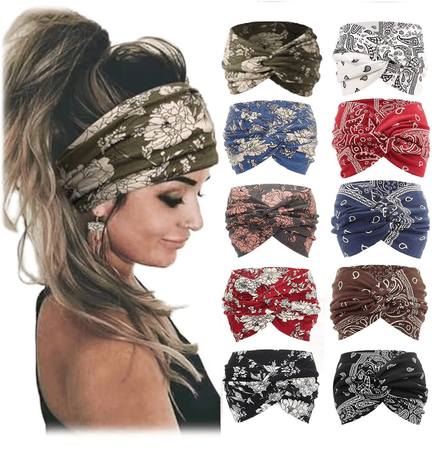 10 Pack Wide Knotted Turban Headbands for Women