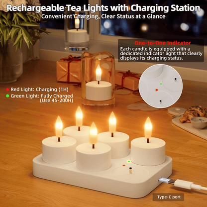 Rechargeable Flameless LED Tea Lights, Charging Station & Remote Included, Flickering Fake Candles, Safe No Flame Candle for Home, Wedding, Festival & Emergency Lighting