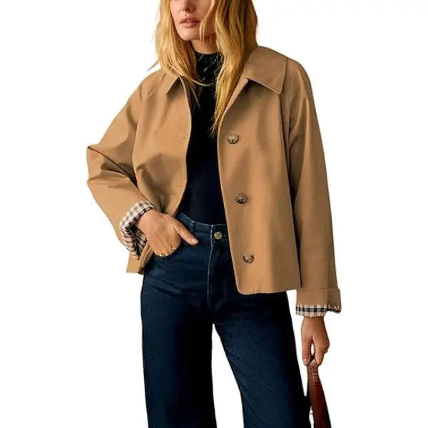 🧥 Classic Collar Cropped Jacket – Checkered Lining