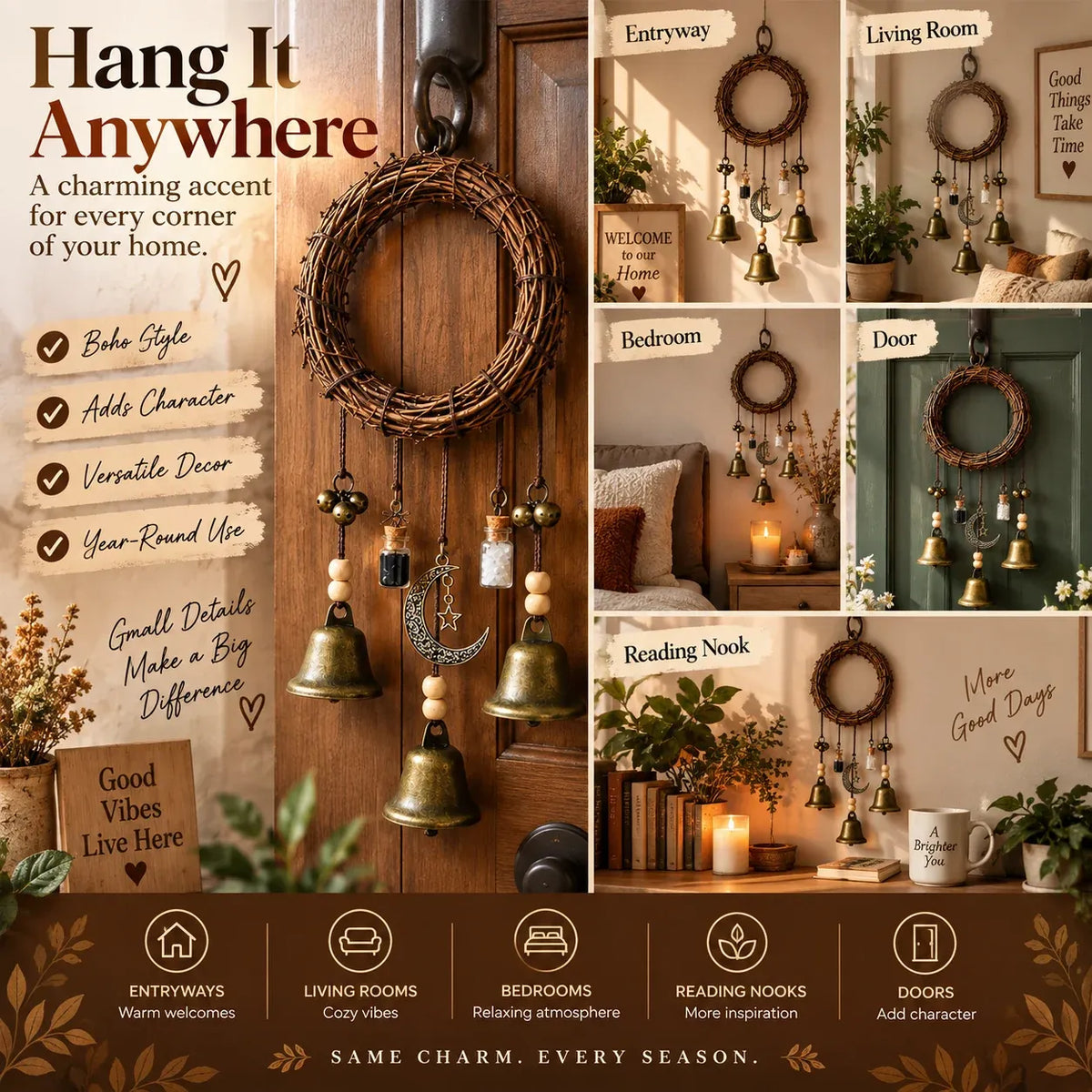 Boho Moon & Bell Hanging Decor – Rustic Bronze Wall & Door Charm