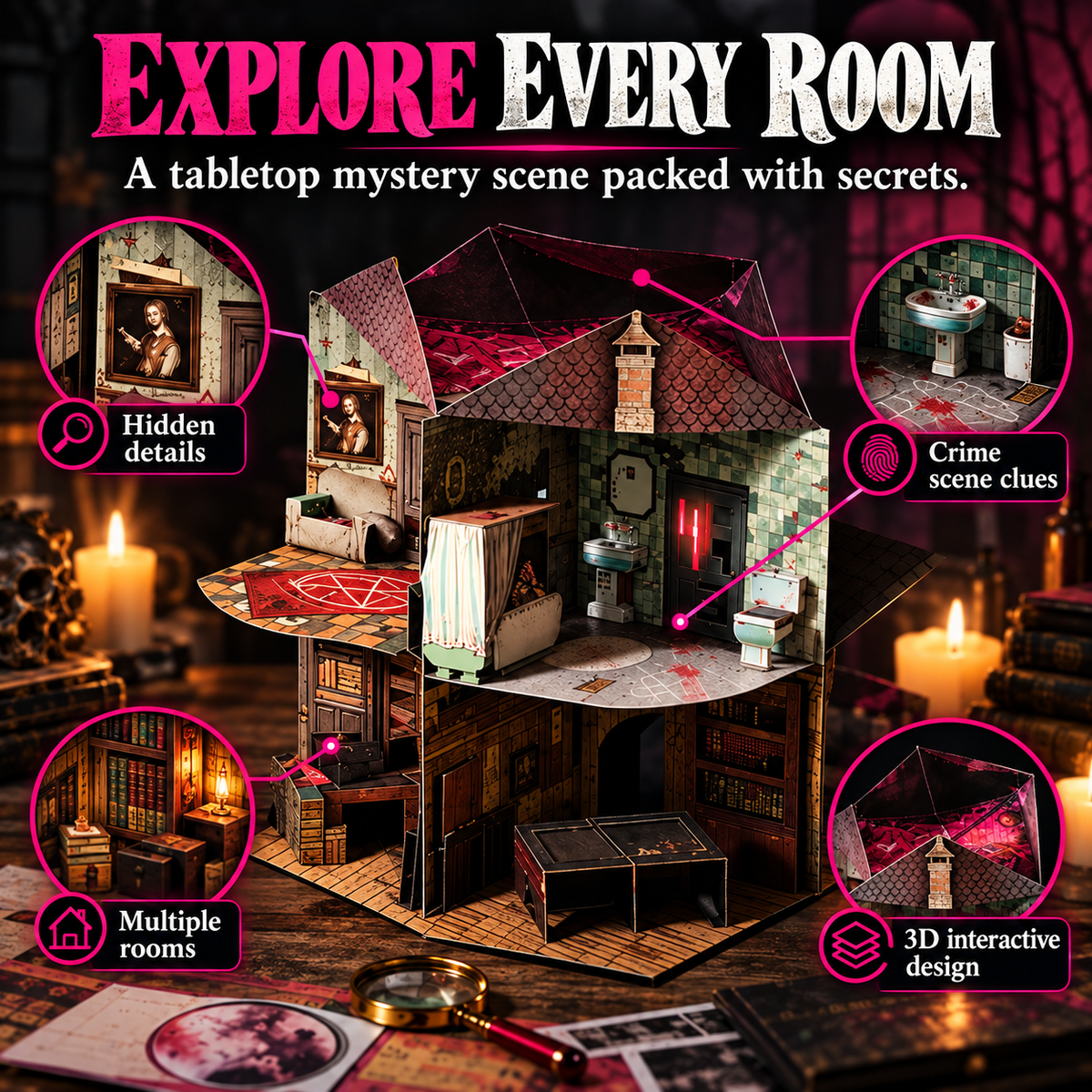 Detailed rooms and visual clues inside the three-dimensional manor