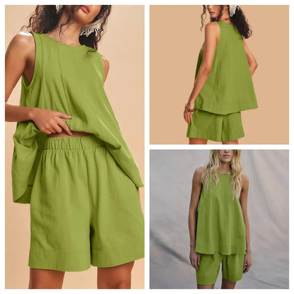 Women's 2 Piece Outfits Sleeveless Matching Sets A Line Tank Tops Contrast Stitching High Waist Shorts with Pockets, 2 Piece Sets, Women 2 Piece Sets,summerwins