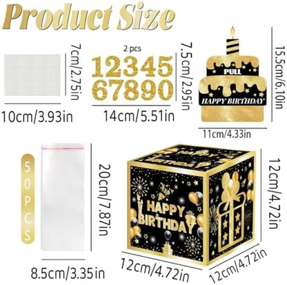 Birthday Money Box for Cash Gift with DIY Stickers，A Surprising Money Gift Box with Pull-Out Happy Birthday Card & 50 Cash Bags, Ideal Gift for Men, Women All Ages
