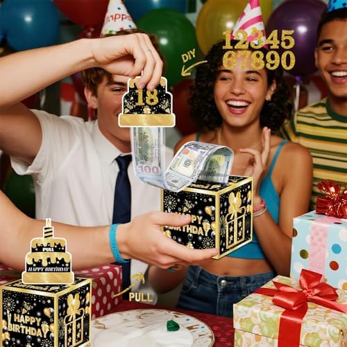 Birthday Money Box for Cash Gift with DIY Stickers，A Surprising Money Gift Box with Pull-Out Happy Birthday Card & 50 Cash Bags, Ideal Gift for Men, Women All Ages
