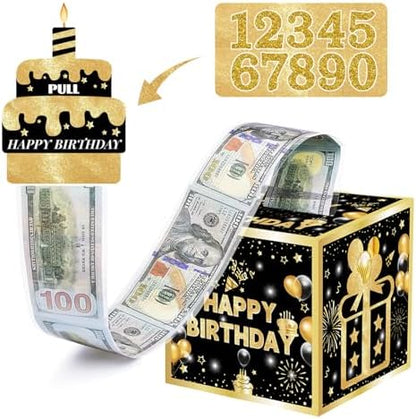 Birthday Money Box for Cash Gift with DIY Stickers，A Surprising Money Gift Box with Pull-Out Happy Birthday Card & 50 Cash Bags, Ideal Gift for Men, Women All Ages