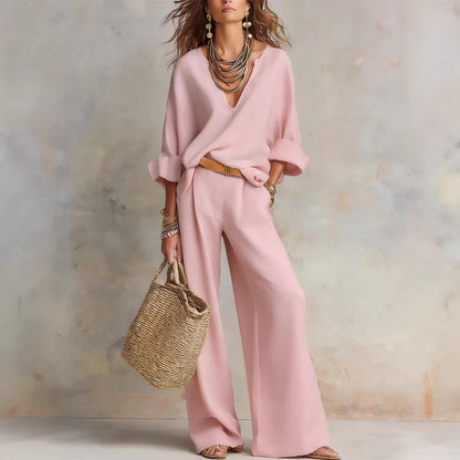 📦📦LAST DAY SAVE 49% ⏰Women's Casual Linen Vacation Set – Three-Quarter Sleeve Top & Full-Length Pants