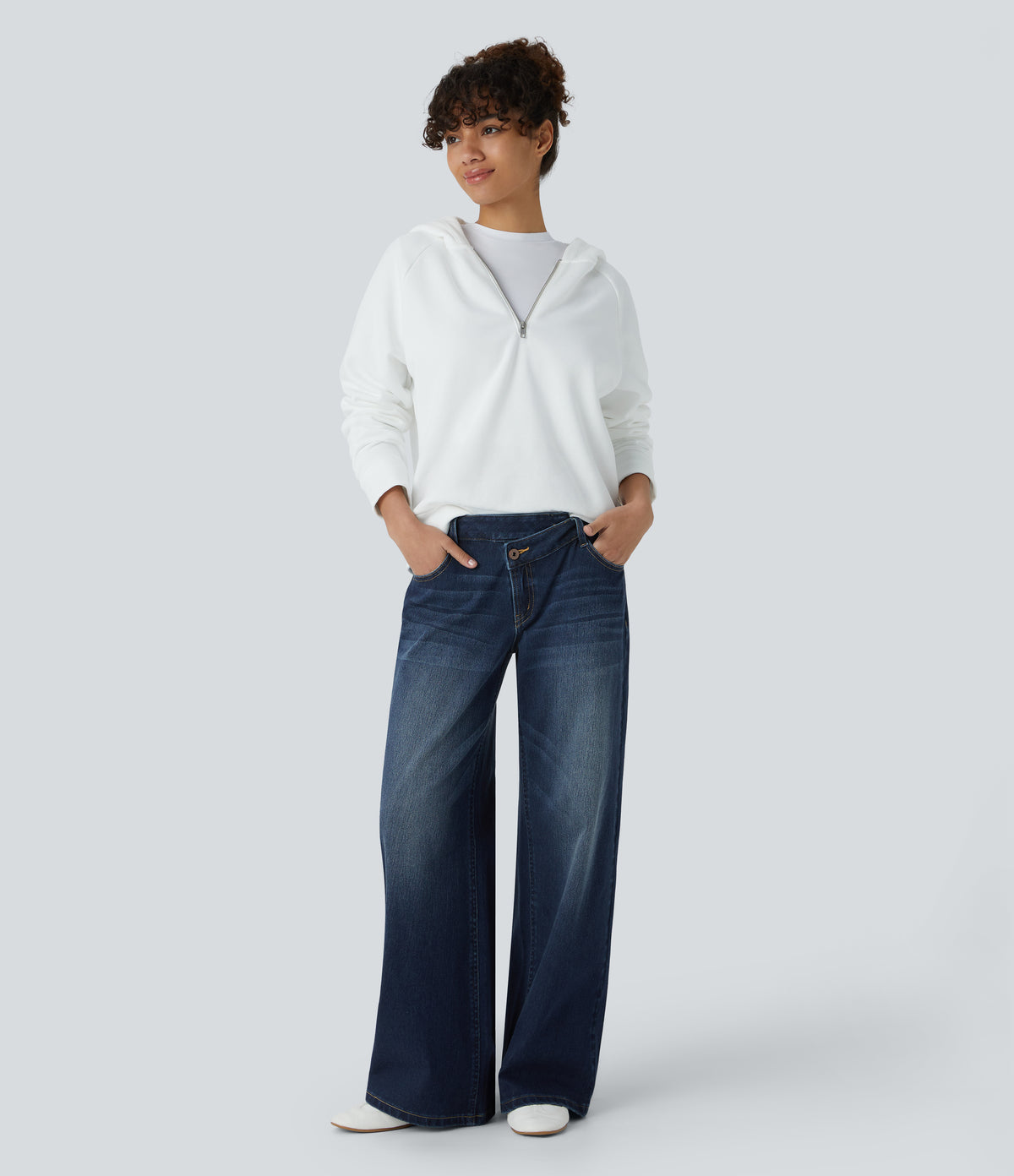 XS(Extra Tall) Paint Blue Denim Halara Flex™ Asymmetric Low Rise Zipper Pockets Baggy Wide Leg Washed Casual Jeans