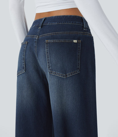 XS(Extra Tall) Paint Blue Denim Halara Flex™ Asymmetric Low Rise Zipper Pockets Baggy Wide Leg Washed Casual Jeans