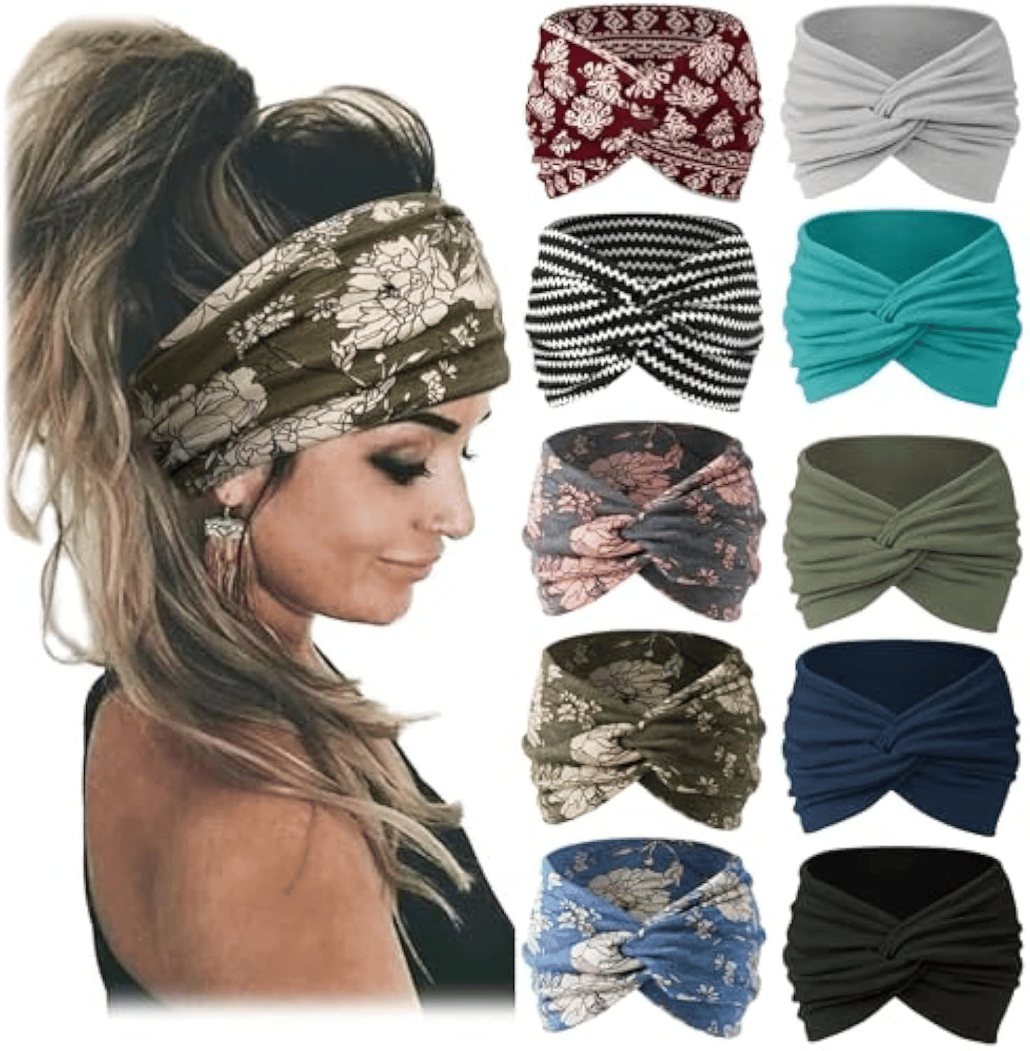 10 Pack Wide Knotted Turban Headbands for Women