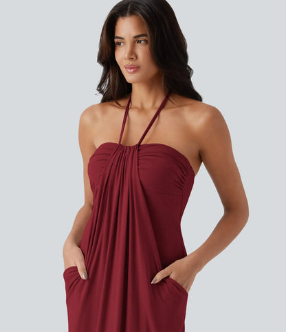 Trovehand Hourglass Bodycon Halter Tie Maxi Dress with Pockets