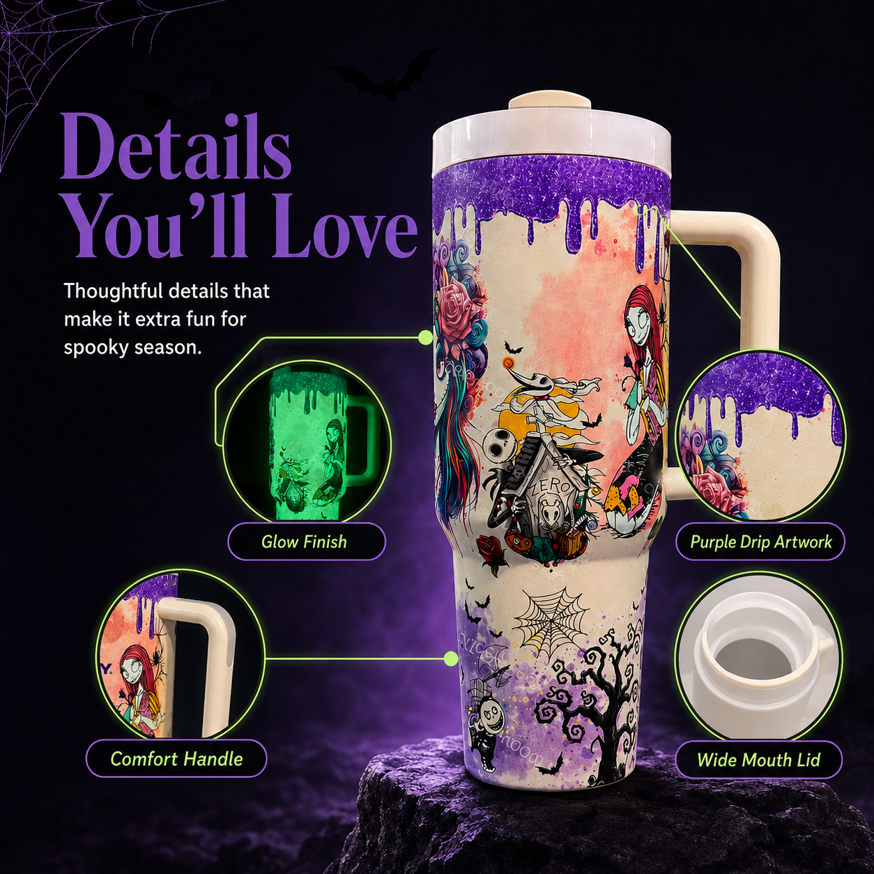 Close-up view of Halloween tumbler details
