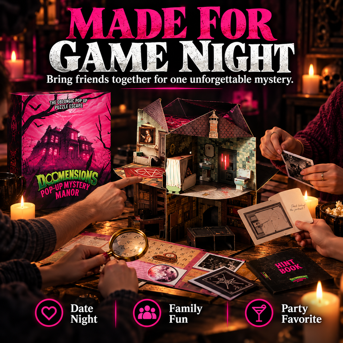 Illustrated game-night scene with players examining the manor and evidence