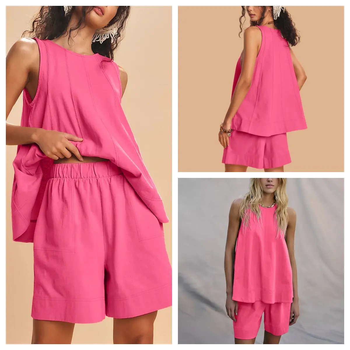 Women's 2 Piece Outfits Sleeveless Matching Sets A Line Tank Tops Contrast Stitching High Waist Shorts with Pockets, 2 Piece Sets, Women 2 Piece Sets,summerwins