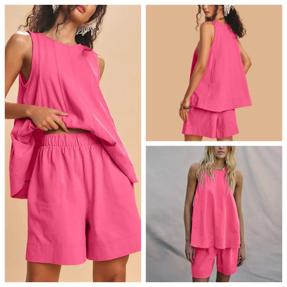 Women's 2 Piece Outfits Sleeveless Matching Sets A Line Tank Tops Contrast Stitching High Waist Shorts with Pockets, 2 Piece Sets, Women 2 Piece Sets,summerwins