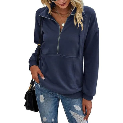 PrettyGarden Women's Casual Long Sleeve Lapel Zipper Sweatshirt Drawstring Loose Pullover Tops Fall Sweater-Womenswear Cotton Fabric
