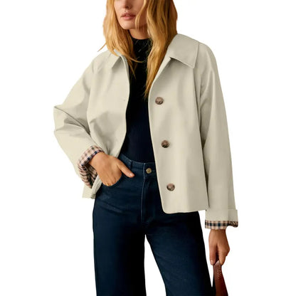 🧥 Classic Collar Cropped Jacket – Checkered Lining