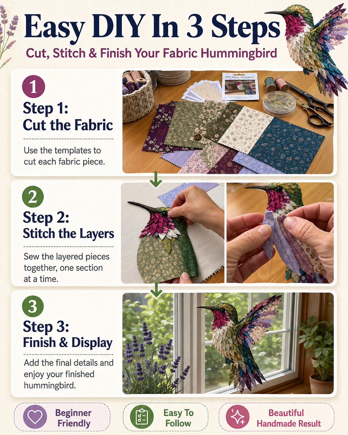 🧵 Beginner Friendly ✨ 3D Patchwork Bird DIY Craft Kit – Create a Layered Fabric Bird Worth Displaying