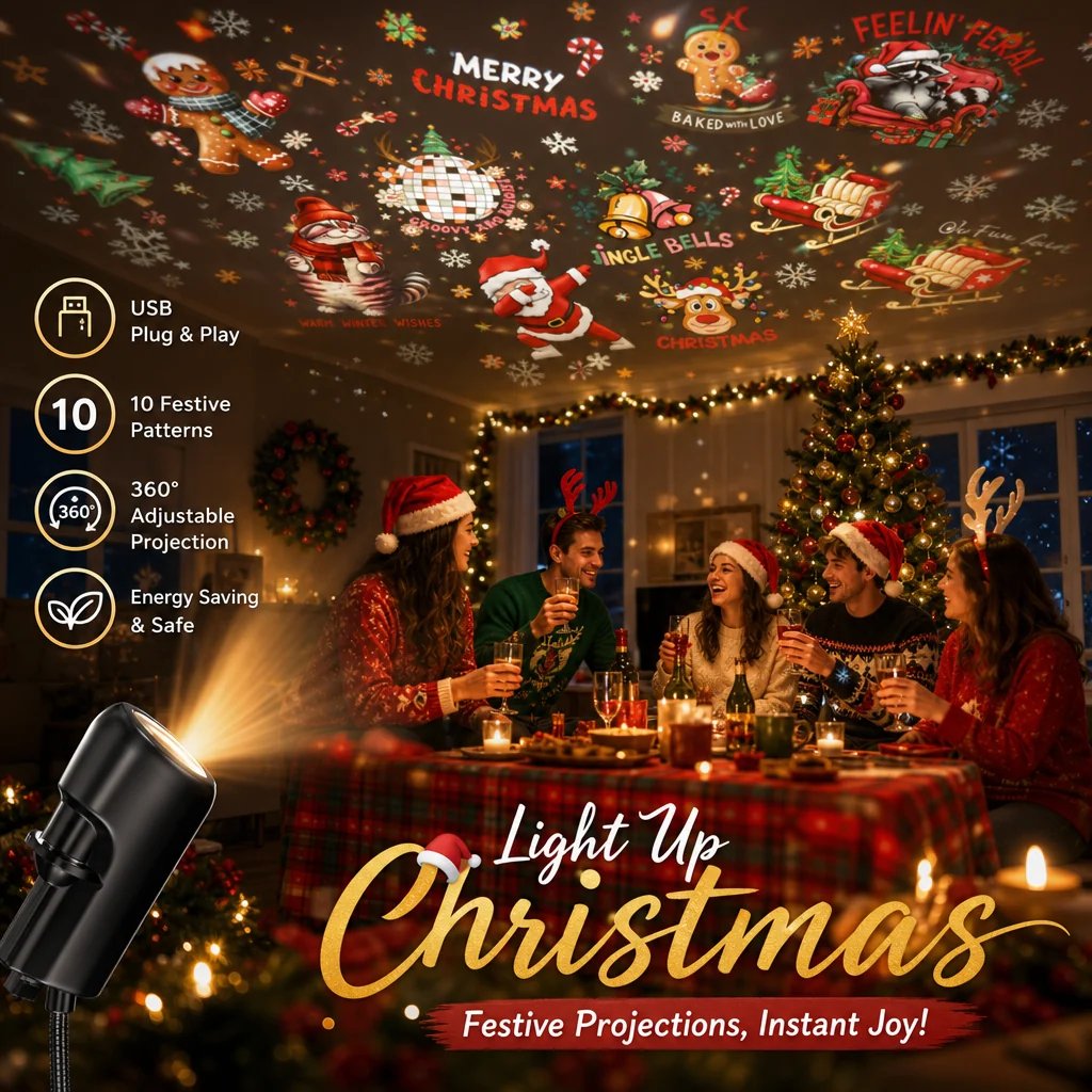 Christmas projector lighting a festive room