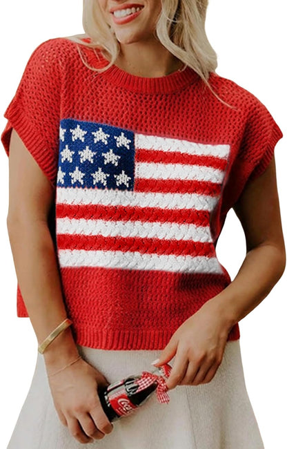 Women American Flag Lightweight Sweater Vest Short Sleeve Patriotic Knit Top