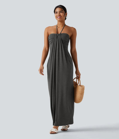 Trovehand Hourglass Bodycon Halter Tie Maxi Dress with Pockets
