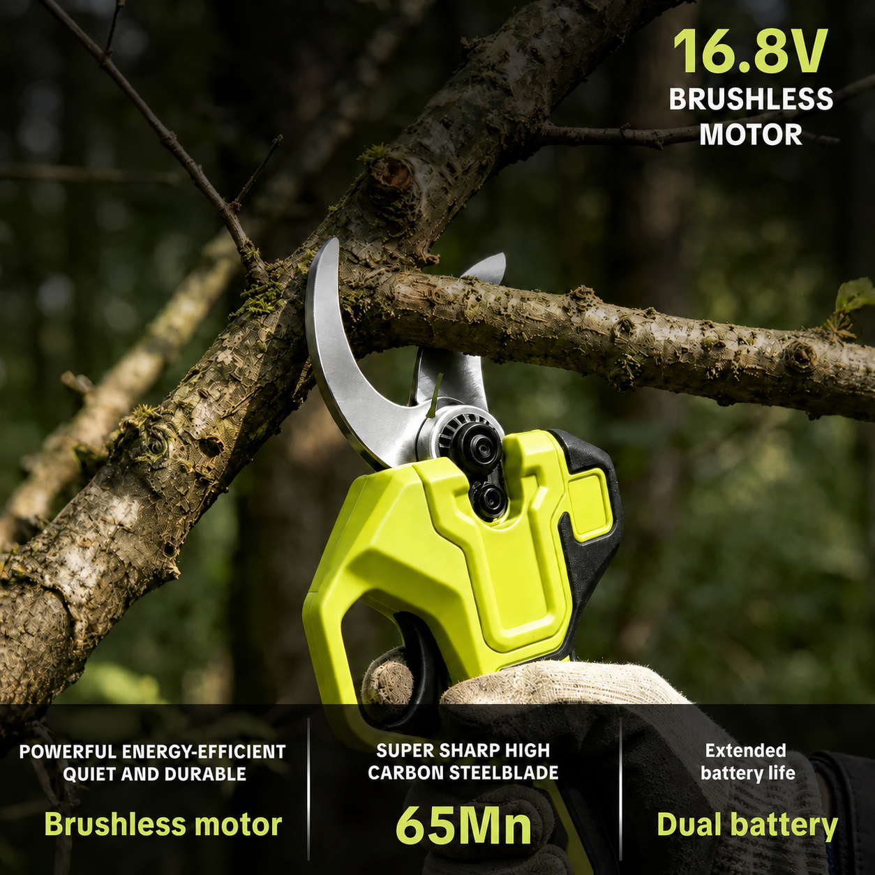 Close view of cordless electric pruning shear blade and handle