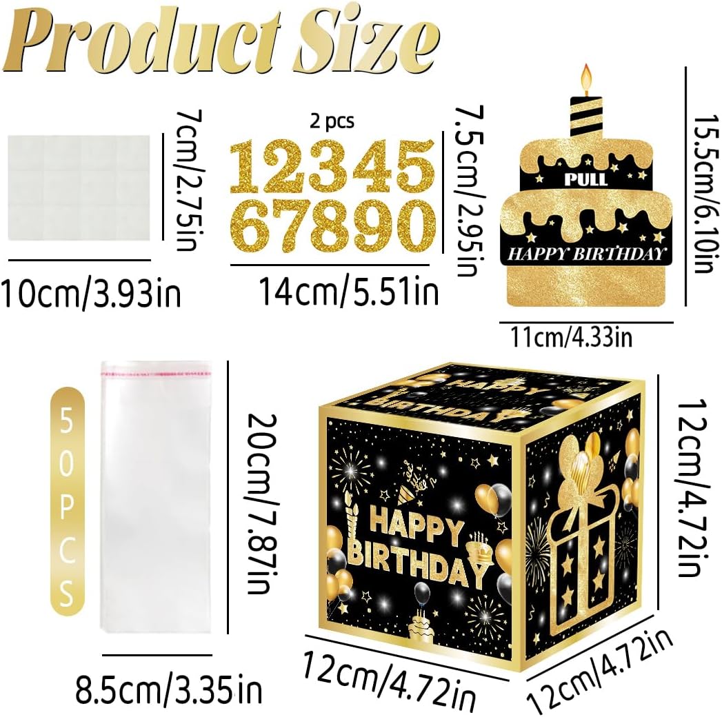 Birthday Money Box for Cash Gift with DIY Stickers，A Surprising Money Gift Box with Pull-Out Happy Birthday Card & 50 Cash Bags, Ideal Gift for Men, Women All Ages