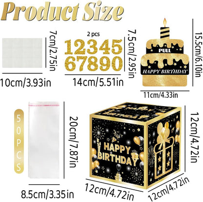 Birthday Money Box for Cash Gift with DIY Stickers，A Surprising Money Gift Box with Pull-Out Happy Birthday Card & 50 Cash Bags, Ideal Gift for Men, Women All Ages