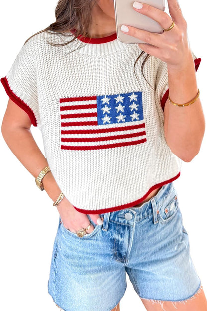 Women American Flag Lightweight Sweater Vest Short Sleeve Patriotic Knit Top