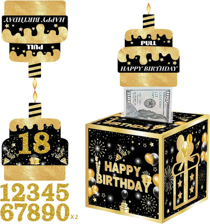 Birthday Money Box for Cash Gift with DIY Stickers，A Surprising Money Gift Box with Pull-Out Happy Birthday Card & 50 Cash Bags, Ideal Gift for Men, Women All Ages