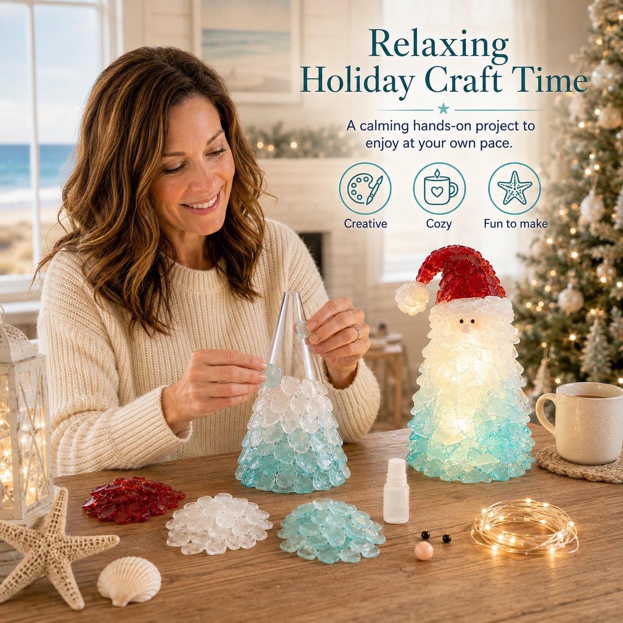 🔥Last Day 49% OFF – 🎅 Beginner-Friendly DIY Lighted Sea Glass Santa Christmas Decor Kit