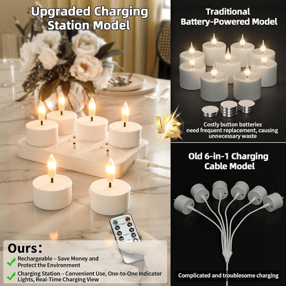 Rechargeable Flameless LED Tea Lights, Charging Station & Remote Included, Flickering Fake Candles, Safe No Flame Candle for Home, Wedding, Festival & Emergency Lighting