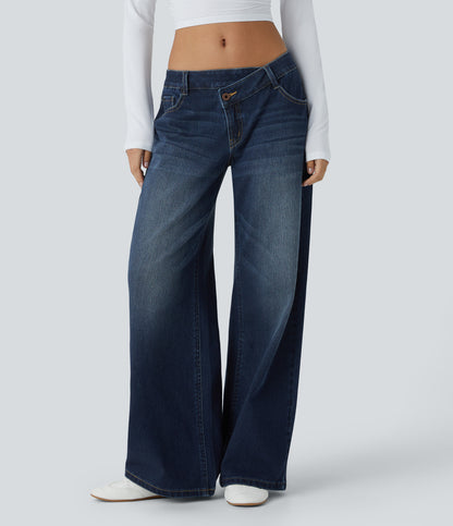 XS(Extra Tall) Paint Blue Denim Halara Flex™ Asymmetric Low Rise Zipper Pockets Baggy Wide Leg Washed Casual Jeans