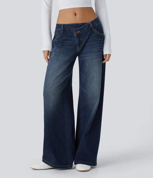 XS(Extra Tall) Paint Blue Denim Halara Flex™ Asymmetric Low Rise Zipper Pockets Baggy Wide Leg Washed Casual Jeans