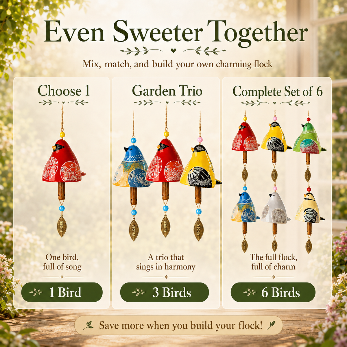 Hand-Painted Resin Bird Wind Chime, Colorful Folk Art Garden Hanging Decor