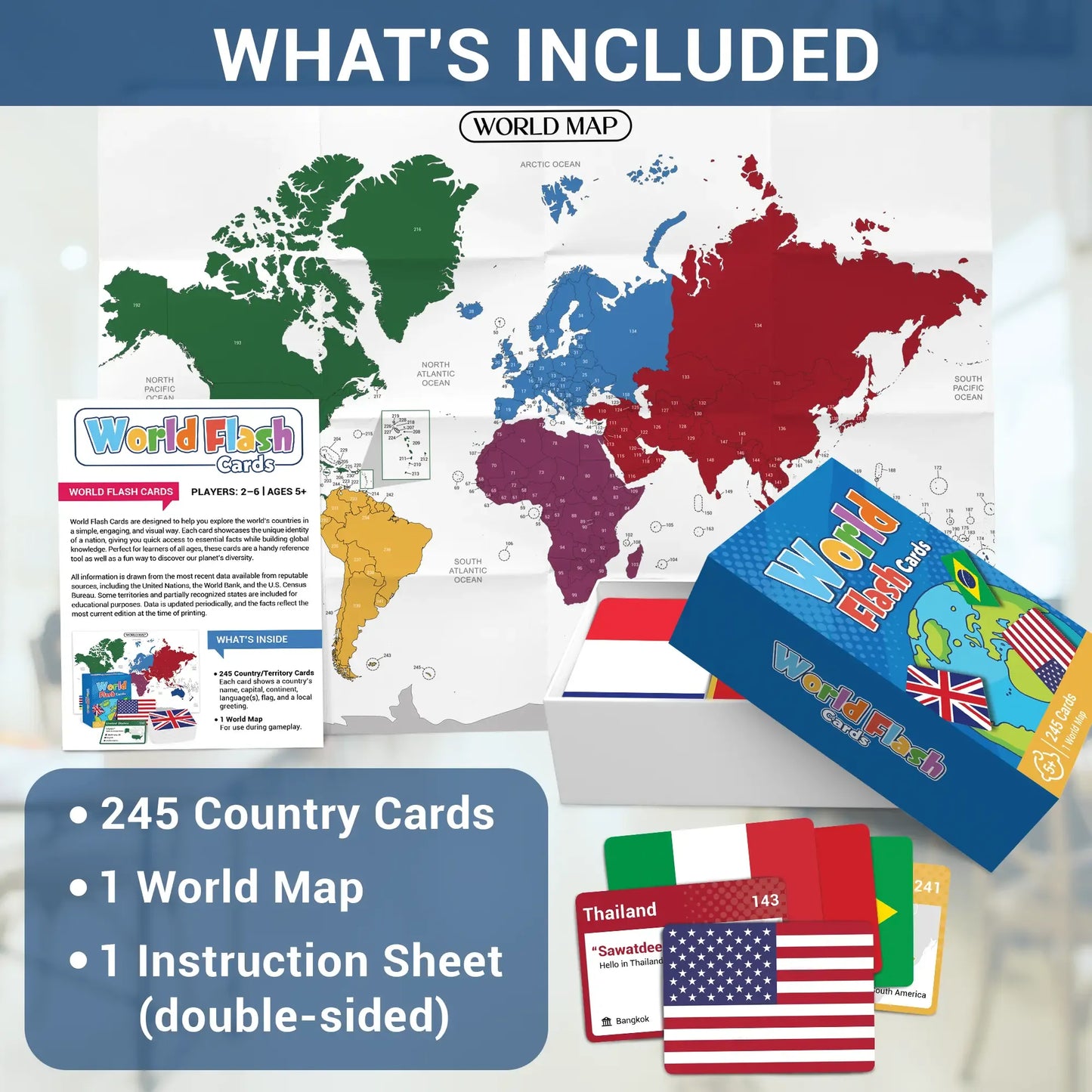 🌍245-Piece World Flags Flashcards Set – Fun Geography Learning Game for Kids & Adults with World Map 📚