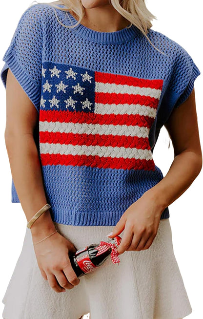 Women American Flag Lightweight Sweater Vest Short Sleeve Patriotic Knit Top
