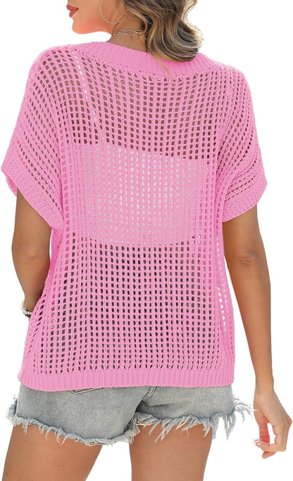Short Sleeve Casual Crochet Knit Tops – Lightweight Summer Knit Crop Top（Buy 2 Free Shipping）