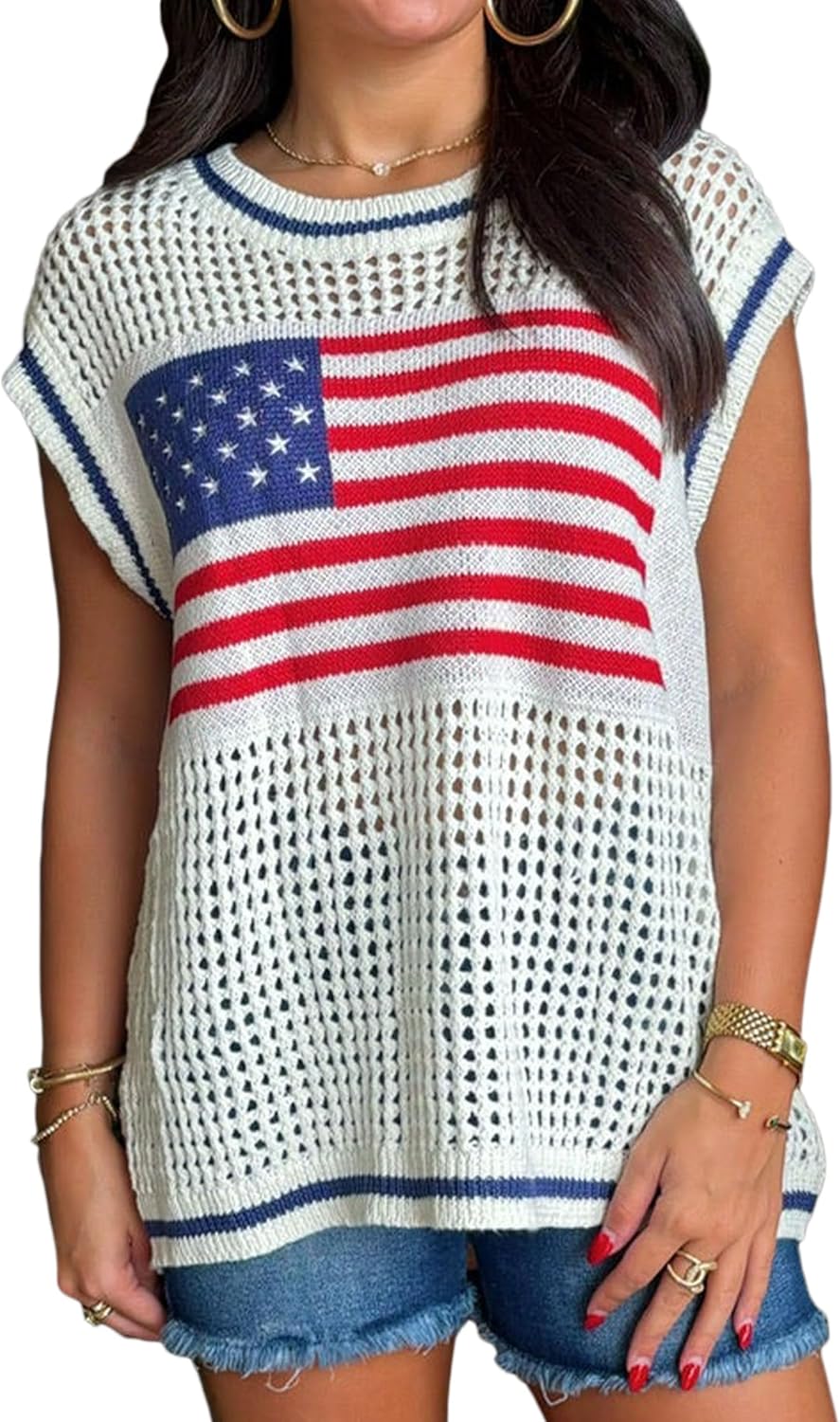 Women American Flag Lightweight Sweater Vest Short Sleeve Patriotic Knit Top