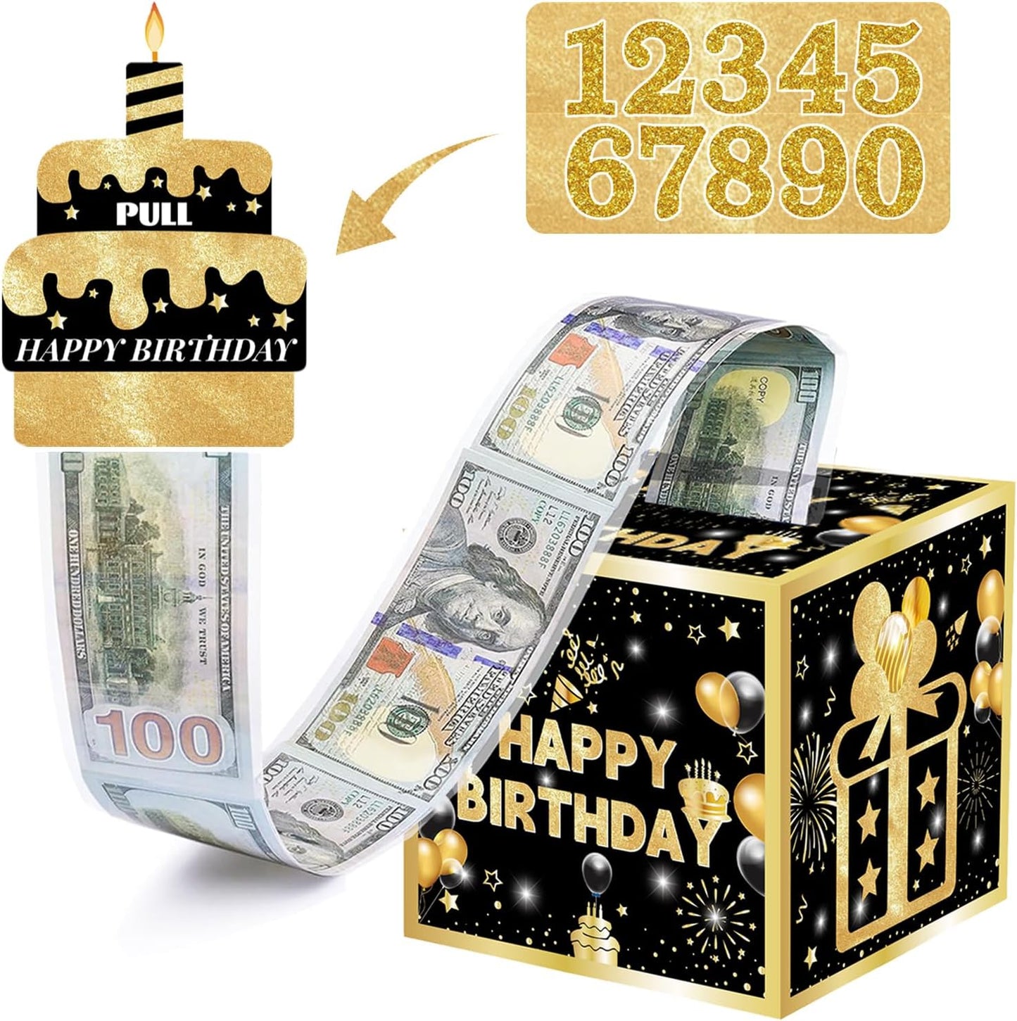 Birthday Money Box for Cash Gift with DIY Stickers，A Surprising Money Gift Box with Pull-Out Happy Birthday Card & 50 Cash Bags, Ideal Gift for Men, Women All Ages